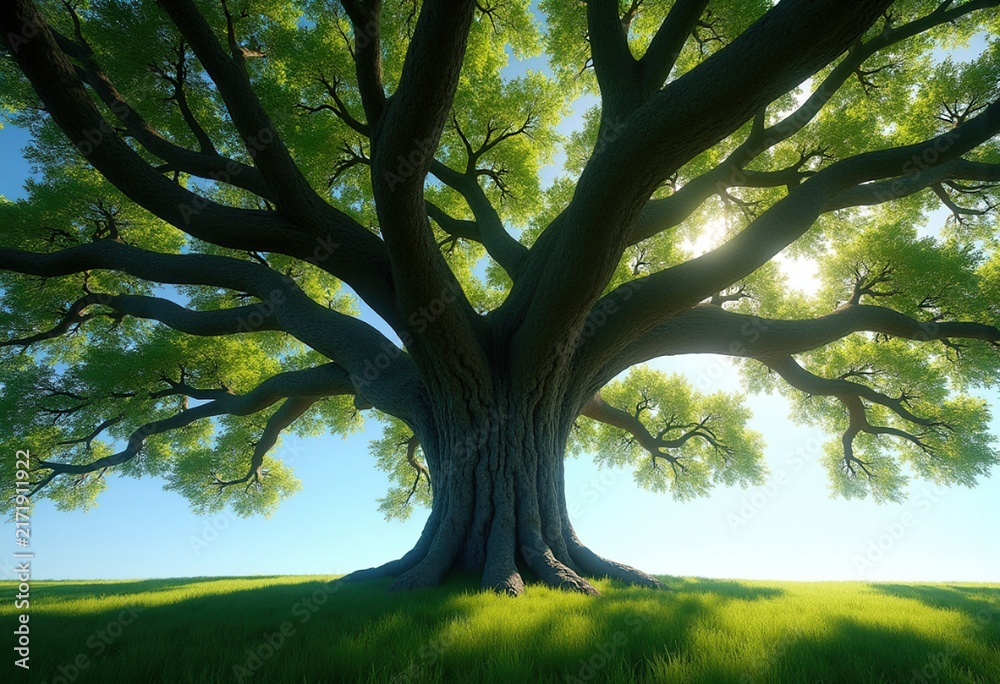 Fototapeta premium Majestic Ancient Oak Tree with Sprawling Branches and Lush Canopy under Bright Blue Sky