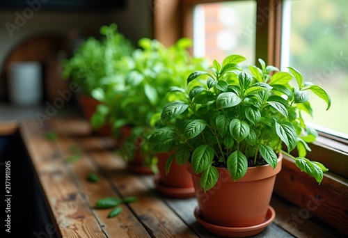 Lush Potted Herb Garden on Kitchen Counter with Vibrant Greenery by the Sunlit Window