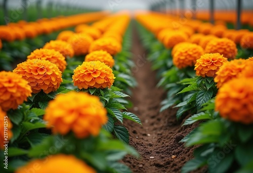Vibrant Marigold Orange Pom Poms Beautifully Framing Planting Rows in Garden Landscape
