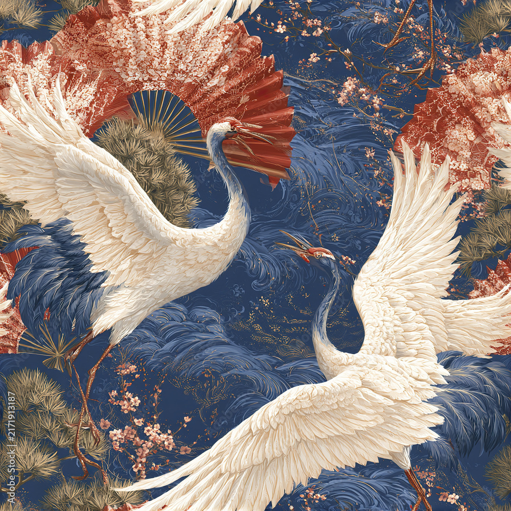 Naklejka premium Cranes flying with red fans and cherry blossoms blue background create classic Japanese celebration seamless pattern full