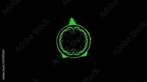A graphic circular loop of rhythmic audio frequency sound waves in the background.