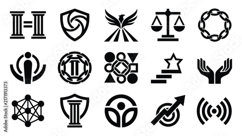 Collection of abstract black icons representing concepts like law protection and growth