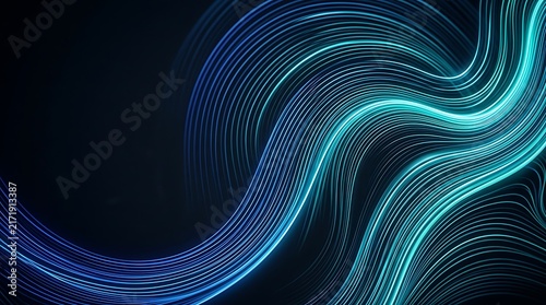 Abstract Flowing Blue and Cyan Neon Light Waves Background