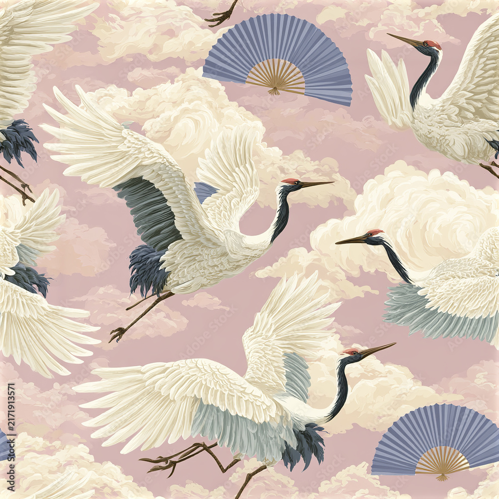 Fototapeta premium Flying crane bird with fan and cloud seamless pattern in dusty pink background, elegant and peaceful Asian style design