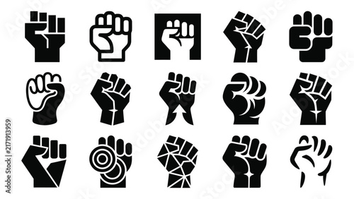 Collection of black silhouette raised fists representing solidarity and protest