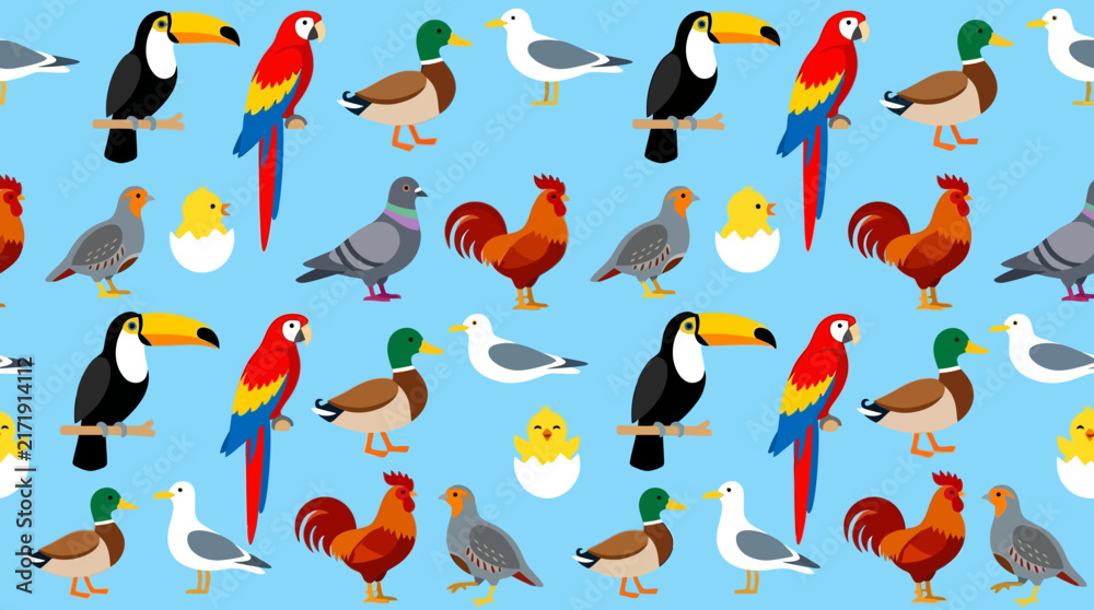 Naklejka premium Seamless Bird Pattern with Toucan Parrot Duck and Rooster on Blue Background