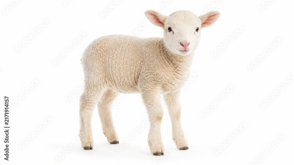 Fototapeta premium Small domestic lamb baby sheep standing fluffy white agriculture livestock isolated on transparent background cut out