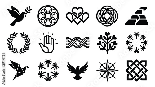 Collection of diverse black and white icons representing peace nature and spirituality