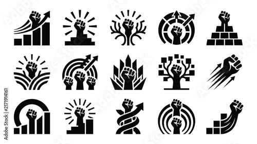 Collection of black silhouette icons representing growth success and positive progress