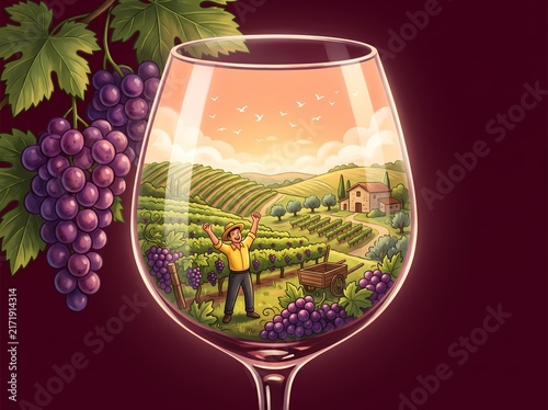 Vineyard Landscape Inside a Wine Glass Representing Harvest and Vendemmia Season