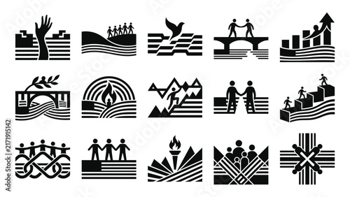 Collection of monochrome landscape icons featuring trees mountains and human figures