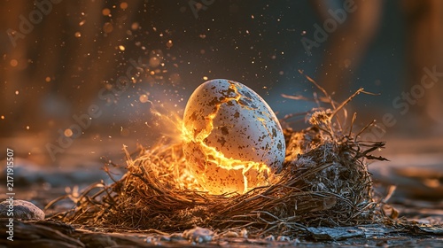 Cinematic illustration of a spotted egg cracking open with powerful golden light and sparks in a bird nest