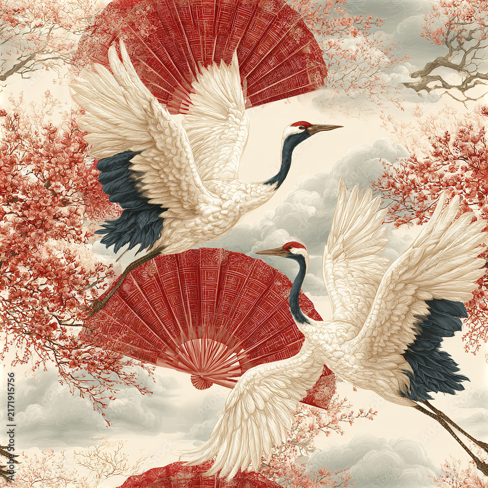 Naklejka premium Cranes flying with red fans and cherry blossoms create serene and elegant Japanese style seamless pattern with soft clouds