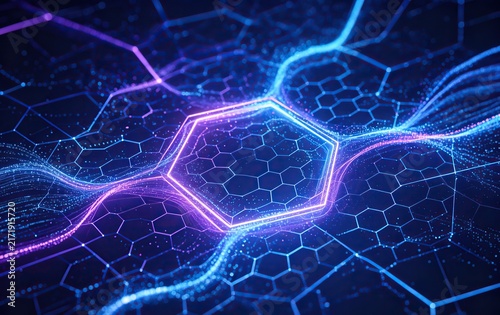 Abstract 3D Technology Network Background, Glowing Hexagonal Mesh, Digital Data Stream
