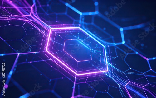 Abstract 3D Technology Network Background, Glowing Hexagonal Mesh, Digital Data Stream