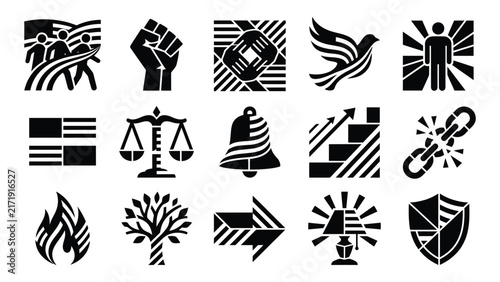 Collection of black silhouette icons representing justice peace and social concepts