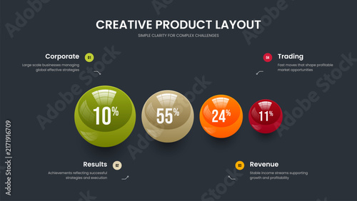 Elegant Visualization Frame Template Vector Illustration. Colorful Showcase 4 Step Diagram Slide Design. Marketing Performance Four Element Graph Slideshow Layout.
