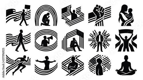 Collection of stylized black and white illustrations depicting human figures and abstract forms