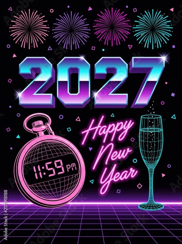 Neon retro Happy New Year 2027 poster