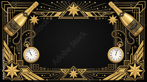 Art deco gold festive New Year background with copy space