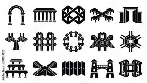 Collection of architectural elements and decorative bridge designs in black and white