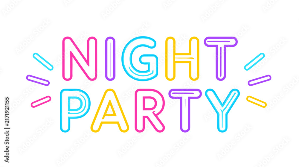 Naklejka premium Glowing neon night party sign lettering.
