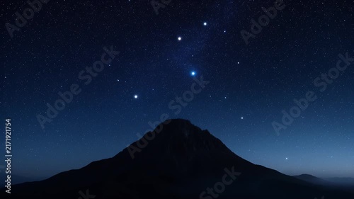 A majestic mountain silhouette against a deep blue night sky, filled with twinkling stars. A celestial wonder unfolds above the serene landscape