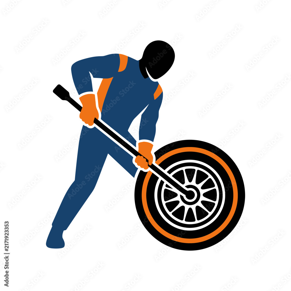 Fototapeta premium Vector Illustration of a Pit Crew Mechanic in a Blue and Orange Racing Suit Using a Pneumatic Impact Wrench Tool to Change a High-Performance Tire During a Professional Race Pit Stop.