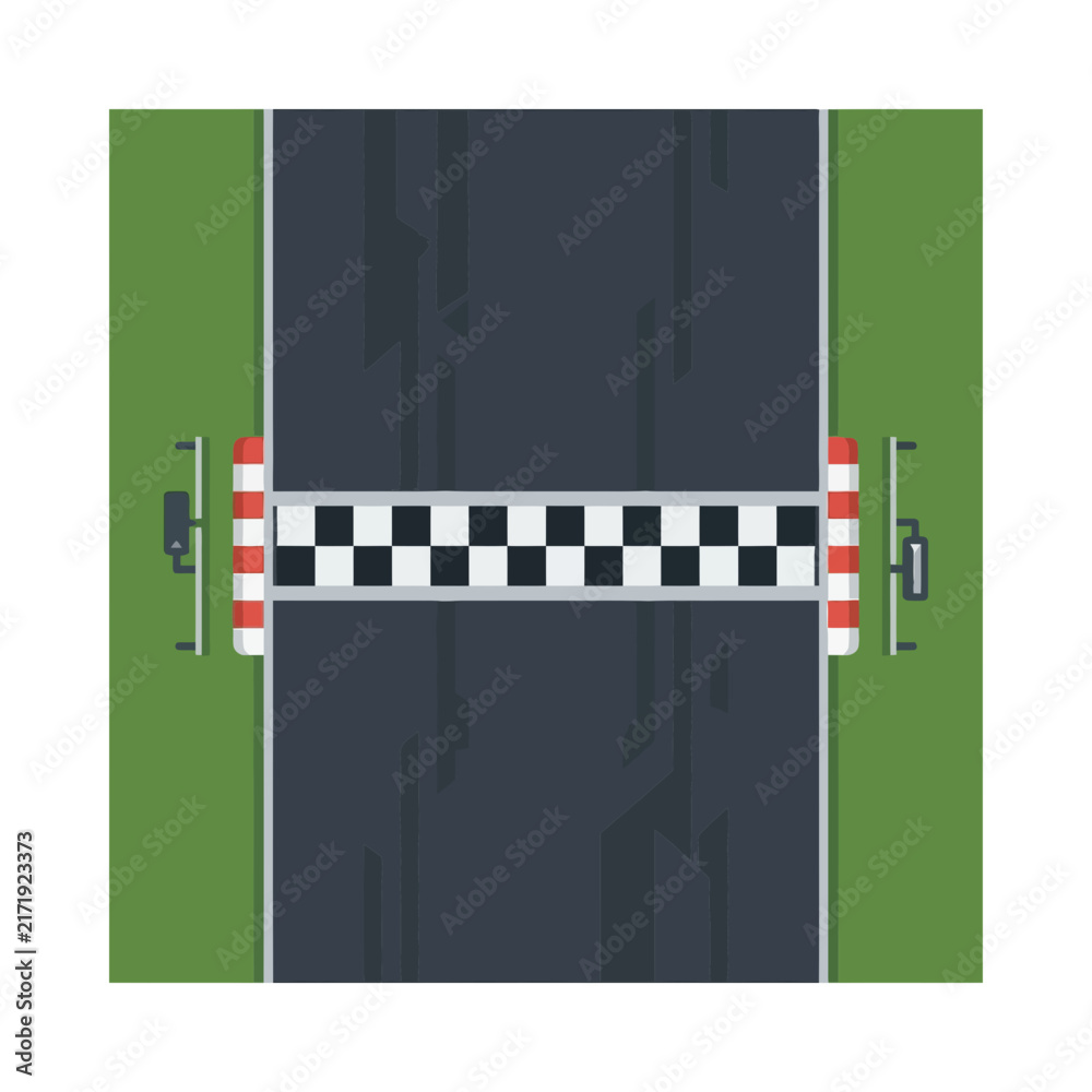 Fototapeta premium Top-down vector illustration of a professional racing circuit finish line featuring a black and white checkered pattern across a dark asphalt track with tire marks and green grass.