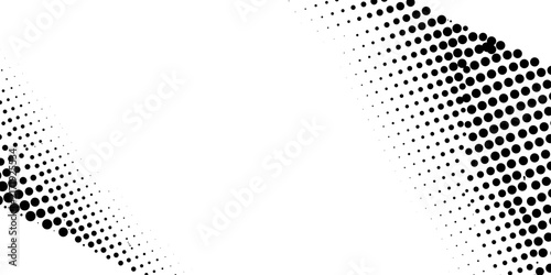 Abstract black and white halftone dots background. Flowing dot gradient with fine vector detail. Modern backdrop for marketing, digital design, cover and copy space.