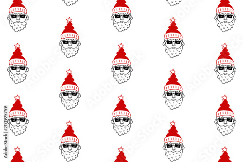 Vector Grid Aligned Santa Claus in Star Hats and Glasses Seamless Background. Ideal for Minimalist Holiday Packaging, Gift Wrapping Paper, and Modern Brand Merch