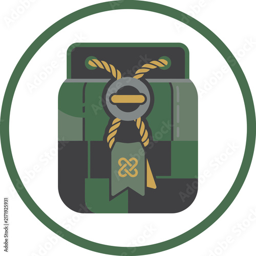 Minimalist green traditional pouch container icon with decorative cord and seal