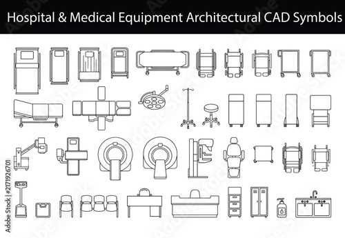 hospital medical equipment cad vector symbol set, top view healthcare plan icons of hospital beds, stretchers, treatment tables, wheelchairs, medical carts and clinical furniture for floor plans