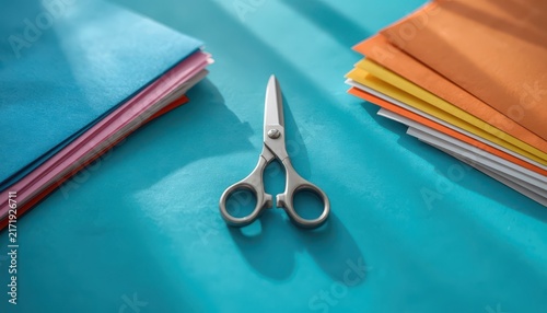 Creative craft supplies scissors on turquoise with paper