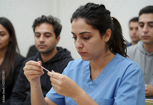 Medical training and clinical education  healthcare student practicing surgical skills with a scalpel in a classroom setting with diverse peers