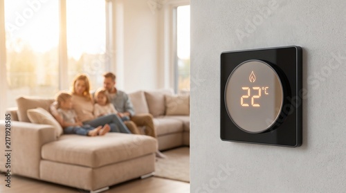 Foto Smart home thermostat helps to save on utility bills in cozy house with family