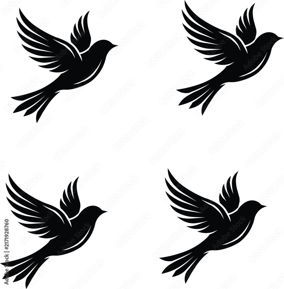 Obraz premium Vector set of black flying bird silhouettes isolated on white background for logo design