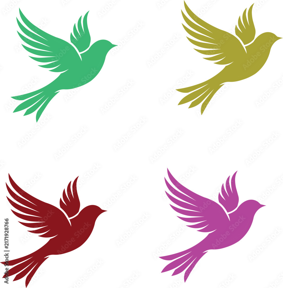 Obraz premium Vector set of colorful flying bird silhouettes isolated on white background for logo design