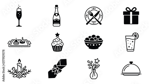Collection of festive black line art icons representing celebration and special occasions