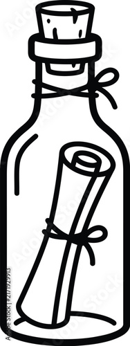 A simple black and white line art illustration of a message in a bottle.