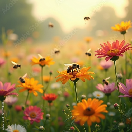 Vibrant Wildflower Meadow filled with Busy Bees Summer Adventure in Full Bloom Interactive Atmosphere