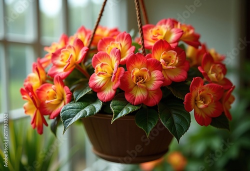 Waxy Begonia Flowers in Decorative Hanging Basket on Cozy Porch Setting