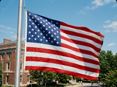 Close-Up of the USA Flag Waving Against a Historic Building and Blue Sky