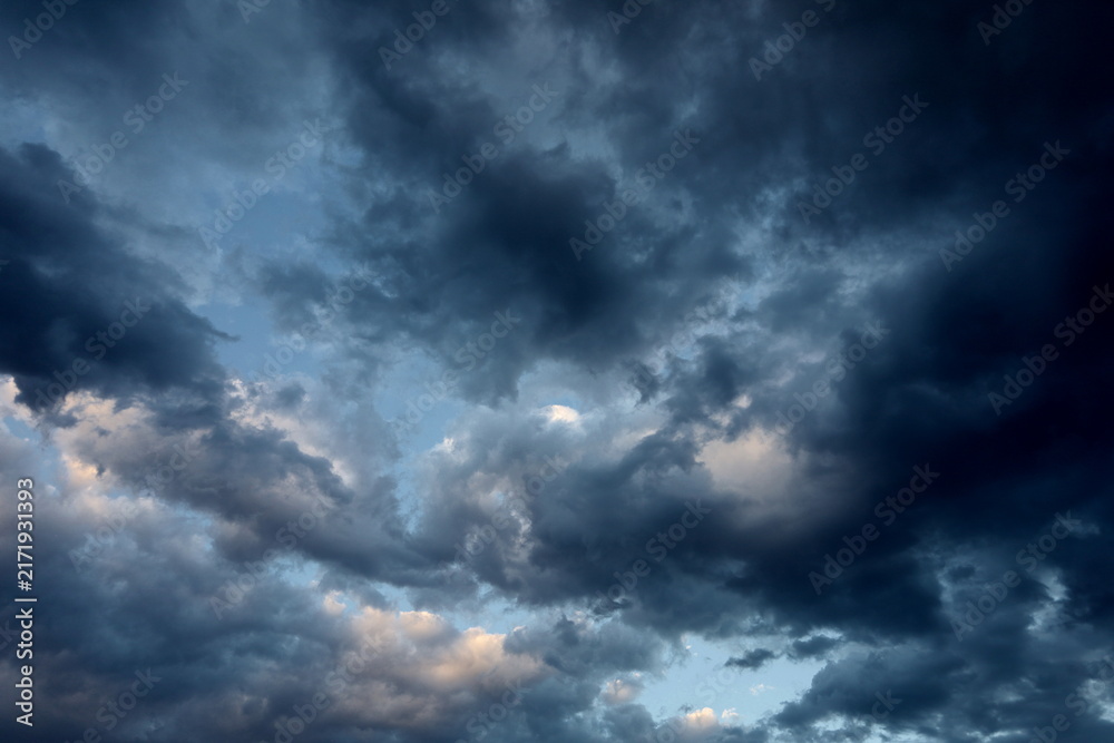 Fototapeta premium Dark sky with rain clouds, autumn rainy weather, storm clouds in the sky, dark dramatic clouds with rain clouds, storm 
