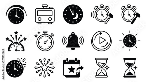 Collection of various black and white time related icons and symbols