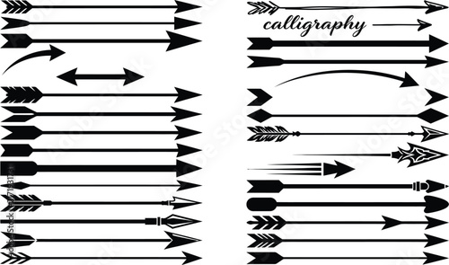 Set of long feathered calligraphy arrows and vintage pointers with calligraphy