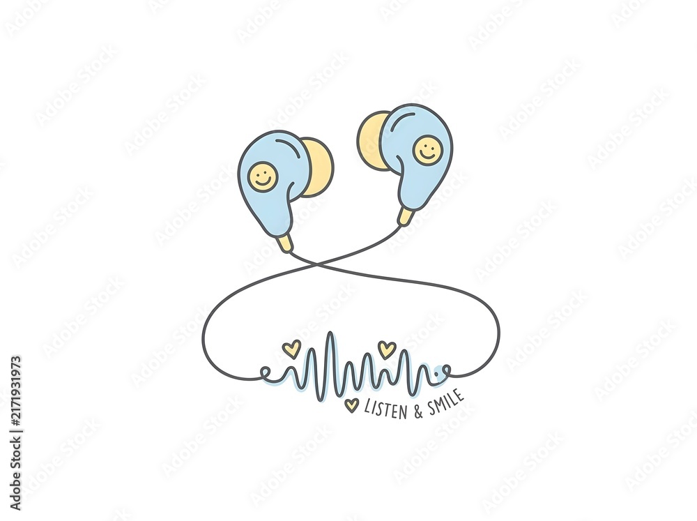 Fototapeta premium Cute Minimalist Illustration of Wireless Earbuds with Smiley Faces and Heart-Shaped Sound Wave for Music and Happiness
