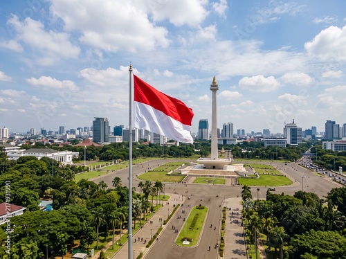 Indonesian Flag Flying Above a National Monument Garden in the City Center