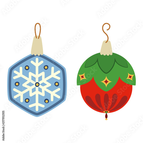Set of vintage Christmas tree ornaments glass bauble and snowflake. Flat style vector illustration for holiday decorations.