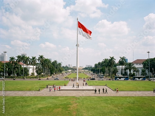 Indonesian Flag Flying Above a Park with a National Monument Backdrop
